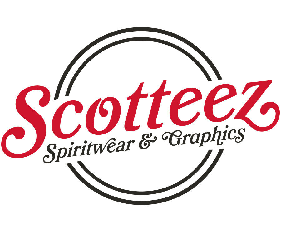 A logo featuring the word 'Scotteez' in bold red cursive letters, accompanied by the text 'Spiritwear & Graphics' in a smaller font, all enclosed within a circular design.