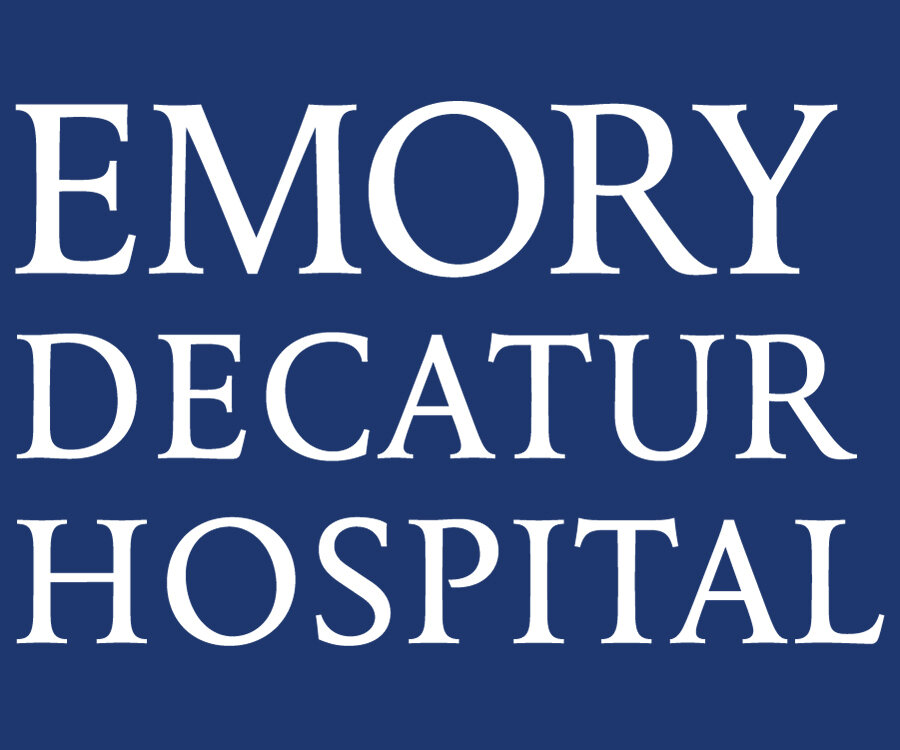 A blue background with the white text 'EMORY DECATUR HOSPITAL' displayed prominently in a bold font.