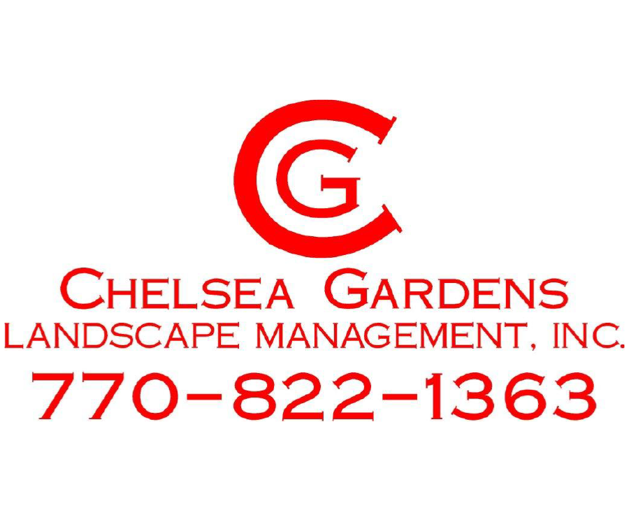 A logo featuring the letters 'C' and 'G' in red, with the text 'Chelsea Gardens Landscape Management, Inc.' and a phone number below it, all in red font.