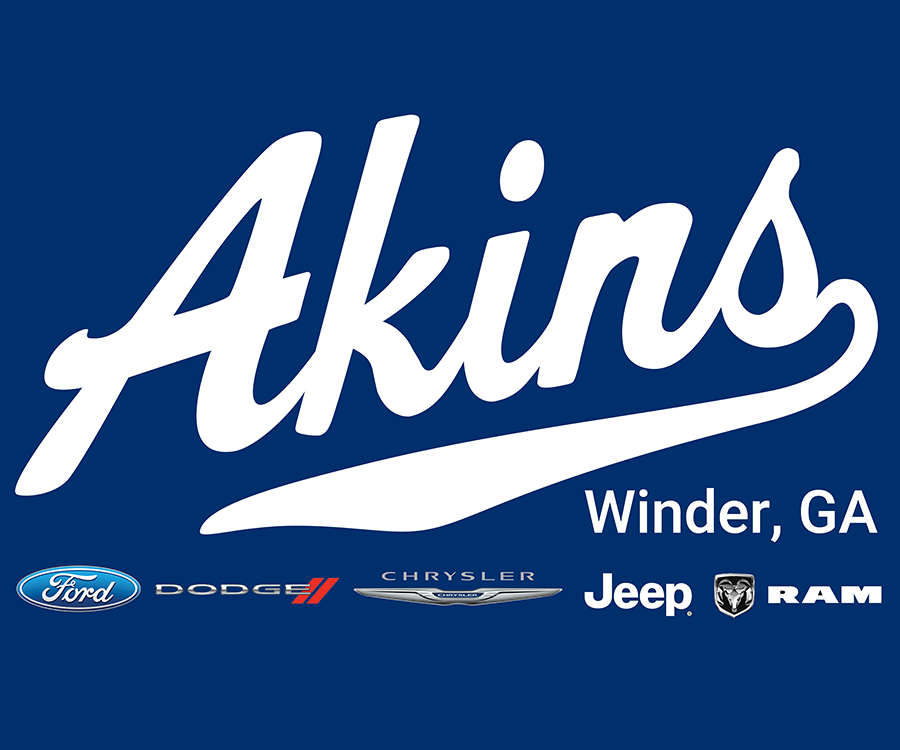 A logo featuring the name 'Akins' in large white cursive letters, with 'Winder, GA' below it, and logos of Ford, Dodge, Chrysler, Jeep, and RAM displayed underneath on a blue background.