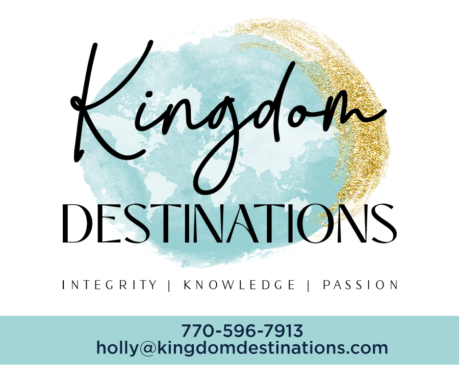 A business card design featuring the name 'Kingdom Destinations' in a stylish font, accompanied by the words 'Integrity | Knowledge | Passion' and contact details including a phone number and email address.