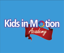 A colorful logo featuring the text 'Kids in Motion Academy' on a blue background, with a circular design element and a red ribbon underneath the text.
