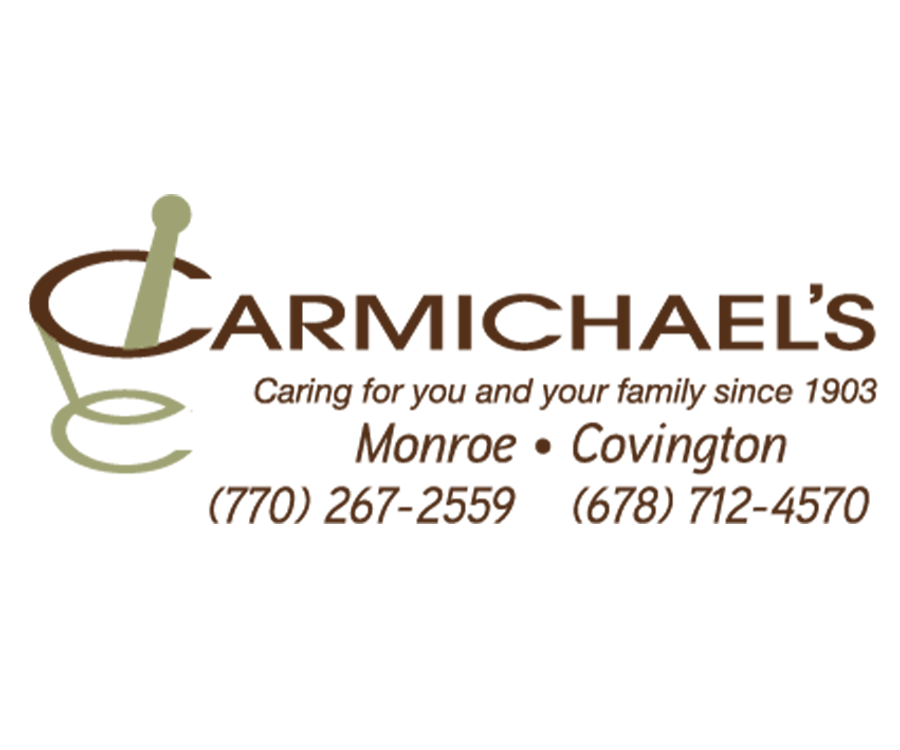 A logo for Carmichael's, featuring a mortar and pestle icon, with the text 'Carmichael's Caring for you and your family since 1903' and phone numbers for Monroe and Covington locations.