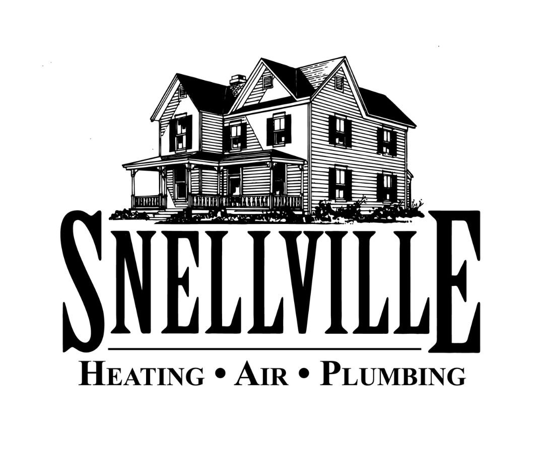 A black and white logo featuring a house with a porch, accompanied by the text 'SNELLVILLE HEATING • AIR • PLUMBING'.
