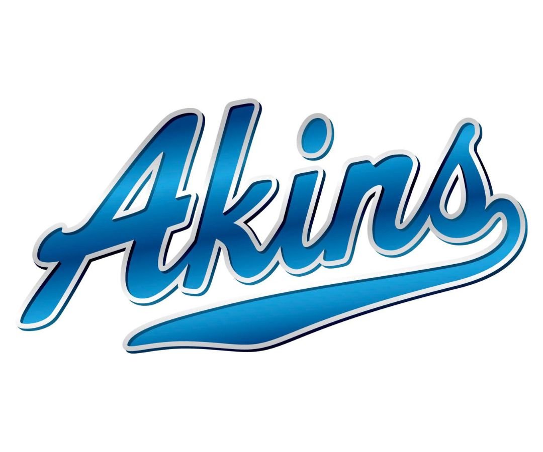 The image features the stylized text 'Akins' in a blue gradient with a flowing design.