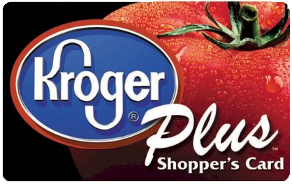 A logo for Kroger Plus featuring a blue oval with the word 'Kroger' in white, accompanied by the text 'Plus Shopper's Card' in white, set against a background of a red tomato with water droplets.
