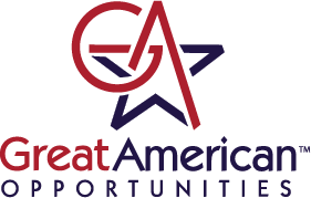 A logo featuring the letters 'GA' intertwined within a star, with the words 'Great American Opportunities' below in a bold font.