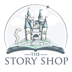 A whimsical illustration of a castle with blue turrets, surrounded by a dragon and waves, set within an open book, with the text 'THE STORY SHOP' at the bottom.
