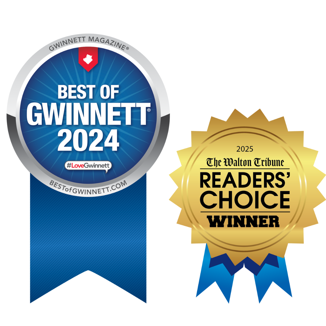 A graphic featuring two award badges: one for 'Best of Gwinnett 2023' and another for '2024 Readers' Choice Winner' from The Walton Tribune, both displayed prominently with distinctive colors and designs.