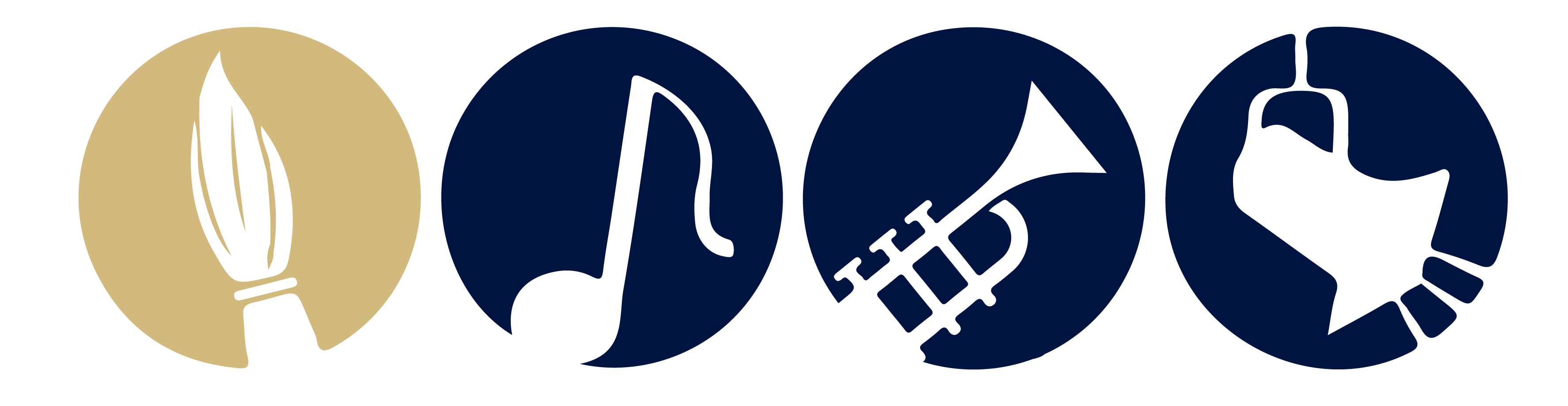 Four circular icons representing a quill pen, a musical note, a trumpet, and a handbell, set against a dark background.