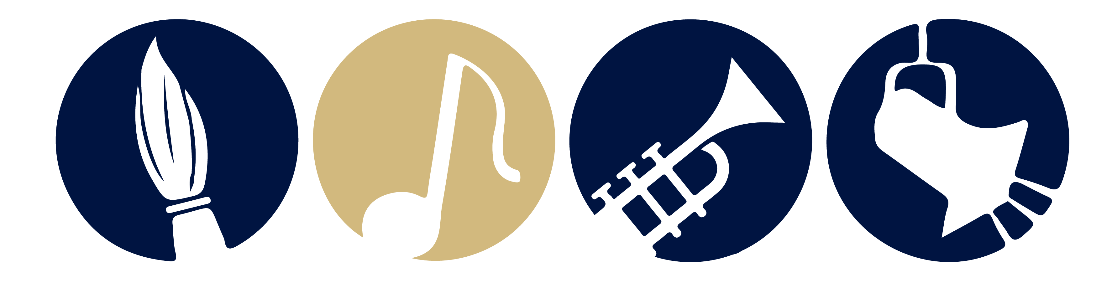 Four circular icons representing a quill pen, a musical note, a trumpet, and a handbell, set against a dark background.
