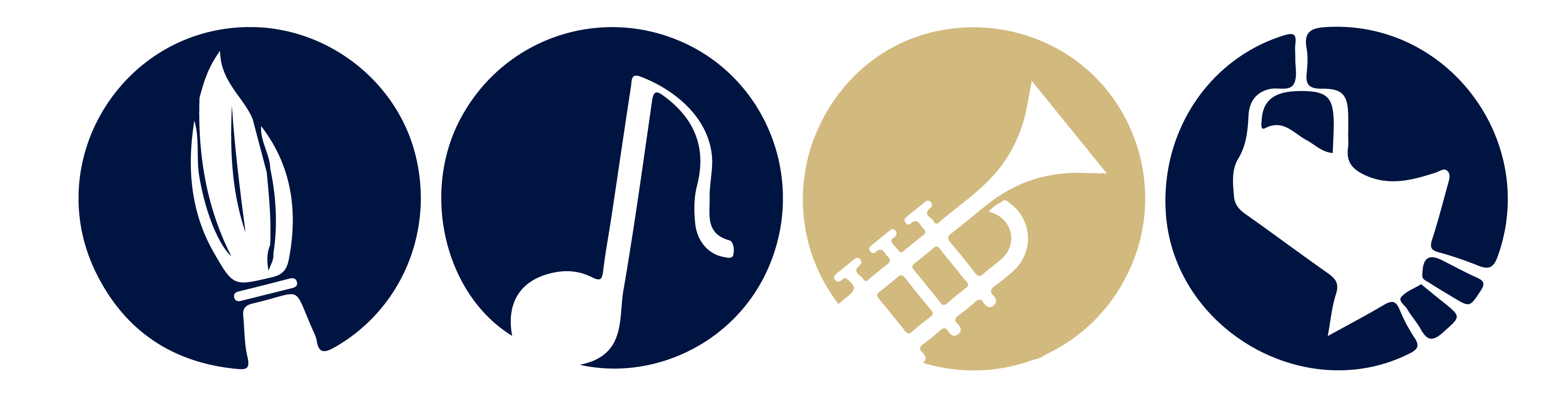 Four circular icons representing a quill pen, a musical note, a trumpet, and a handbell, set against a dark background.