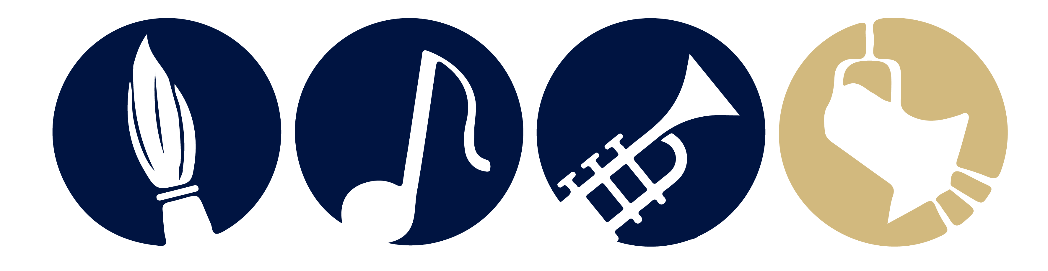 Four circular icons representing a quill pen, a musical note, a trumpet, and a handbell, set against a dark background.