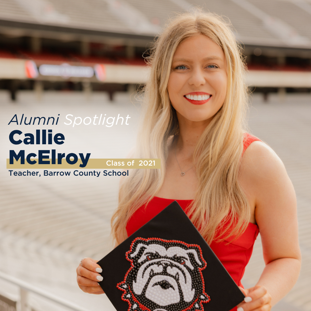 A smiling woman holding a graduation cap, promoting an alumni spotlight feature.