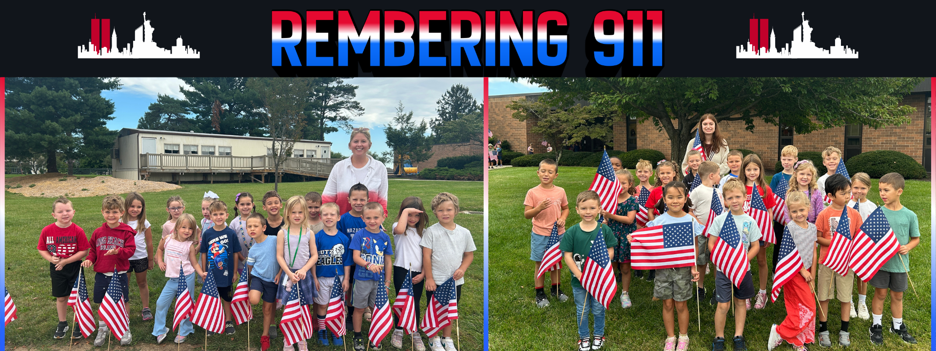 Two images of children holding flags, one in front of a school and another in a grassy area.