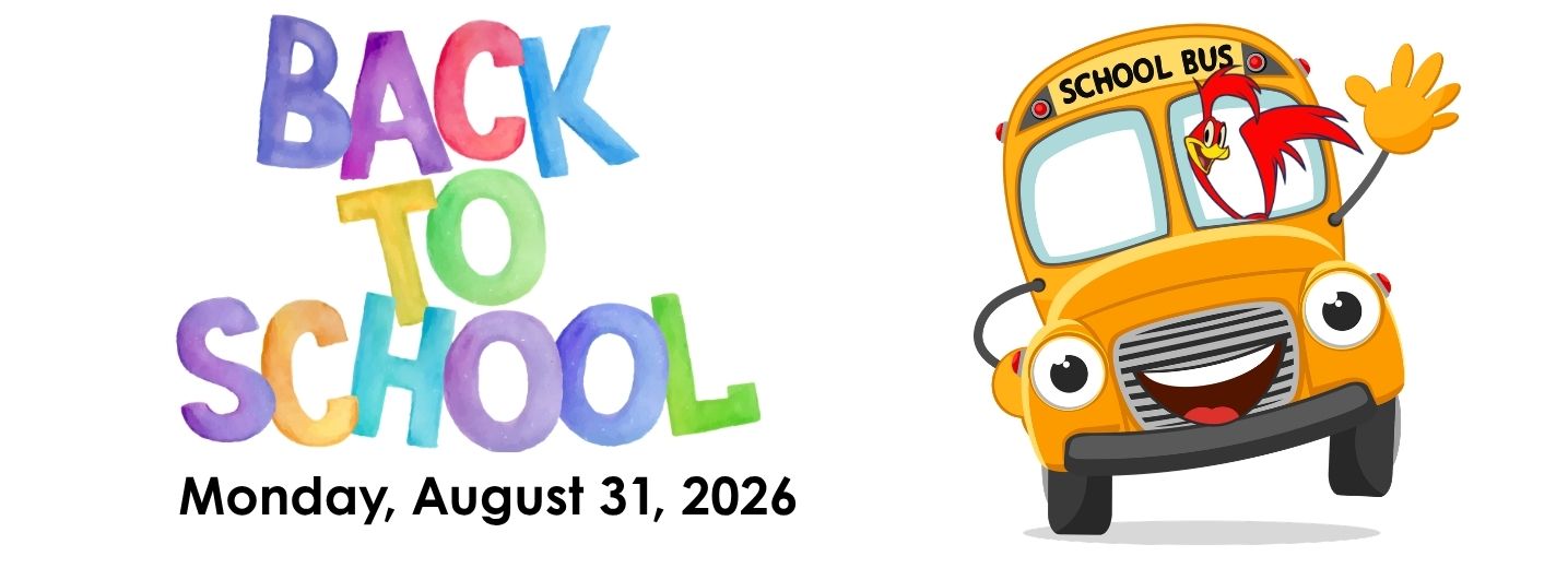 A colorful graphic featuring a school bus with a bird on the side and a date, August 31, 2026, below the words "Back to School".