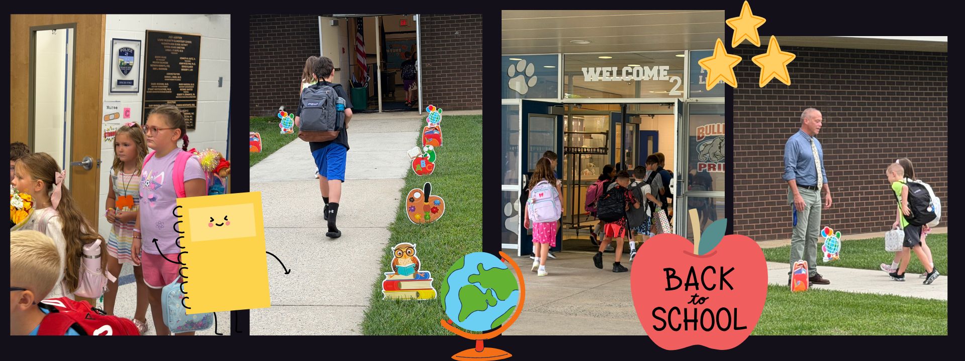 Collage of children, adults, and a backpack. Text reads "Back to School" with a globe, stars, and hearts.