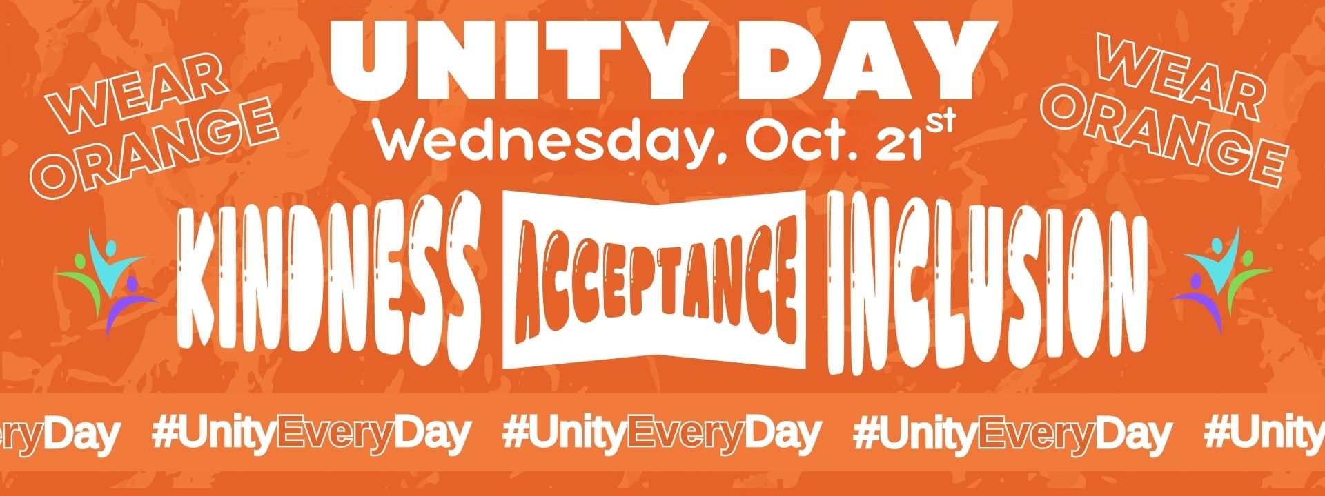 Poster for Unity Day on Oct 21, promoting kindness, acceptance, and inclusion, with hashtags and "Wear Orange."