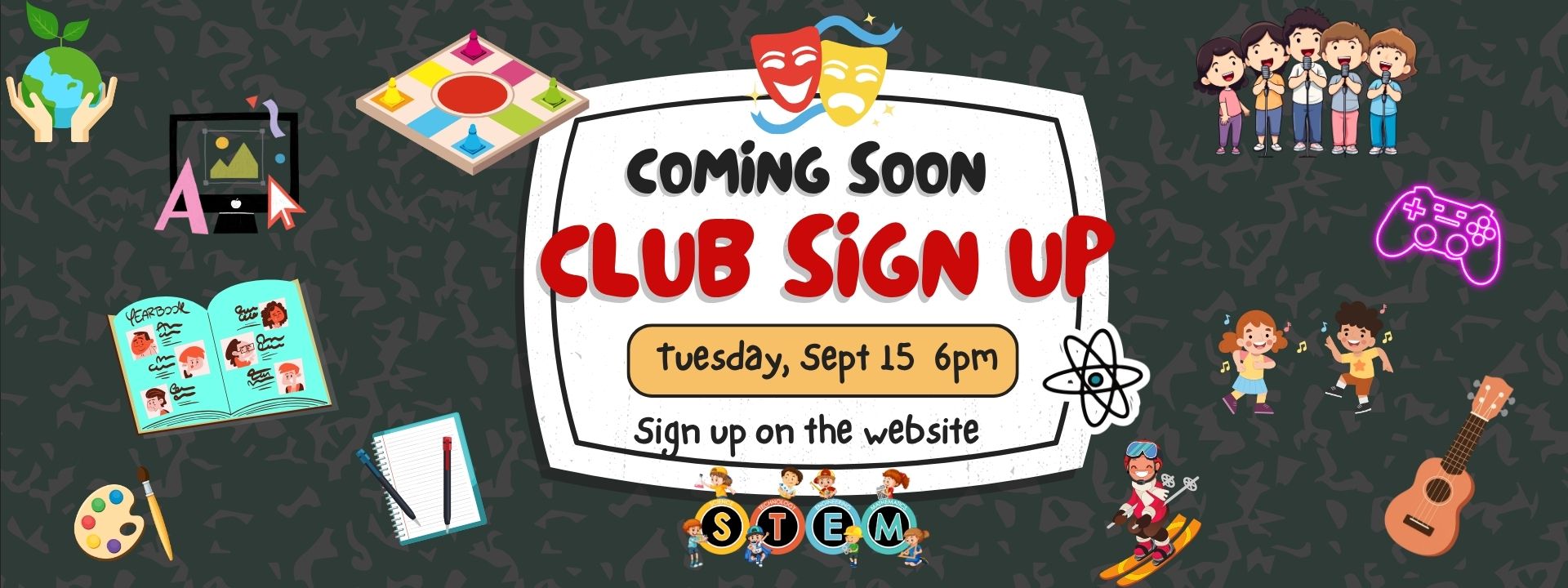 A sign-up board with a "Coming Soon" label and "Club Sign Up" text. Multiple items like books, guitars, and paintbrushes surround the sign.
