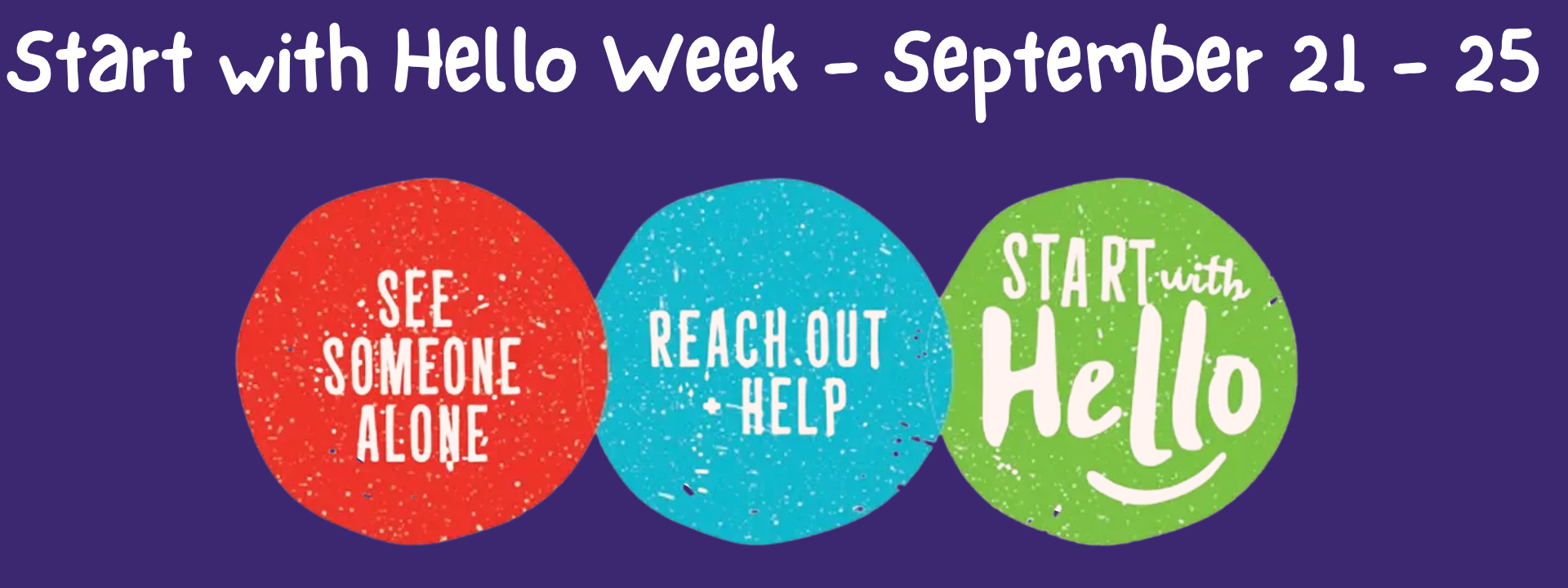Three circular icons in red, blue, and green with the text "Start with Hello Week" from September 21-25.