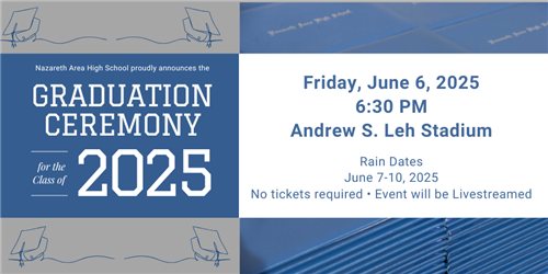 A promotional graphic for a graduation ceremony, featuring the date, time, location, and details about rain dates and livestreaming.