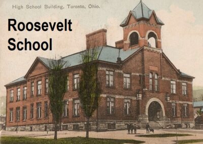A historic brick building with a distinctive tower, labeled 'Roosevelt School,' set against a muted background, indicating it is a high school in Toronto, Ohio.