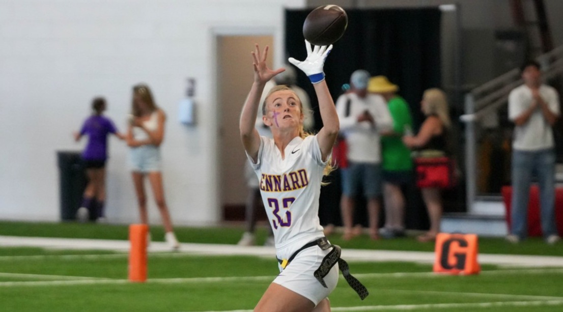 Lennard High flag football player catching a pass