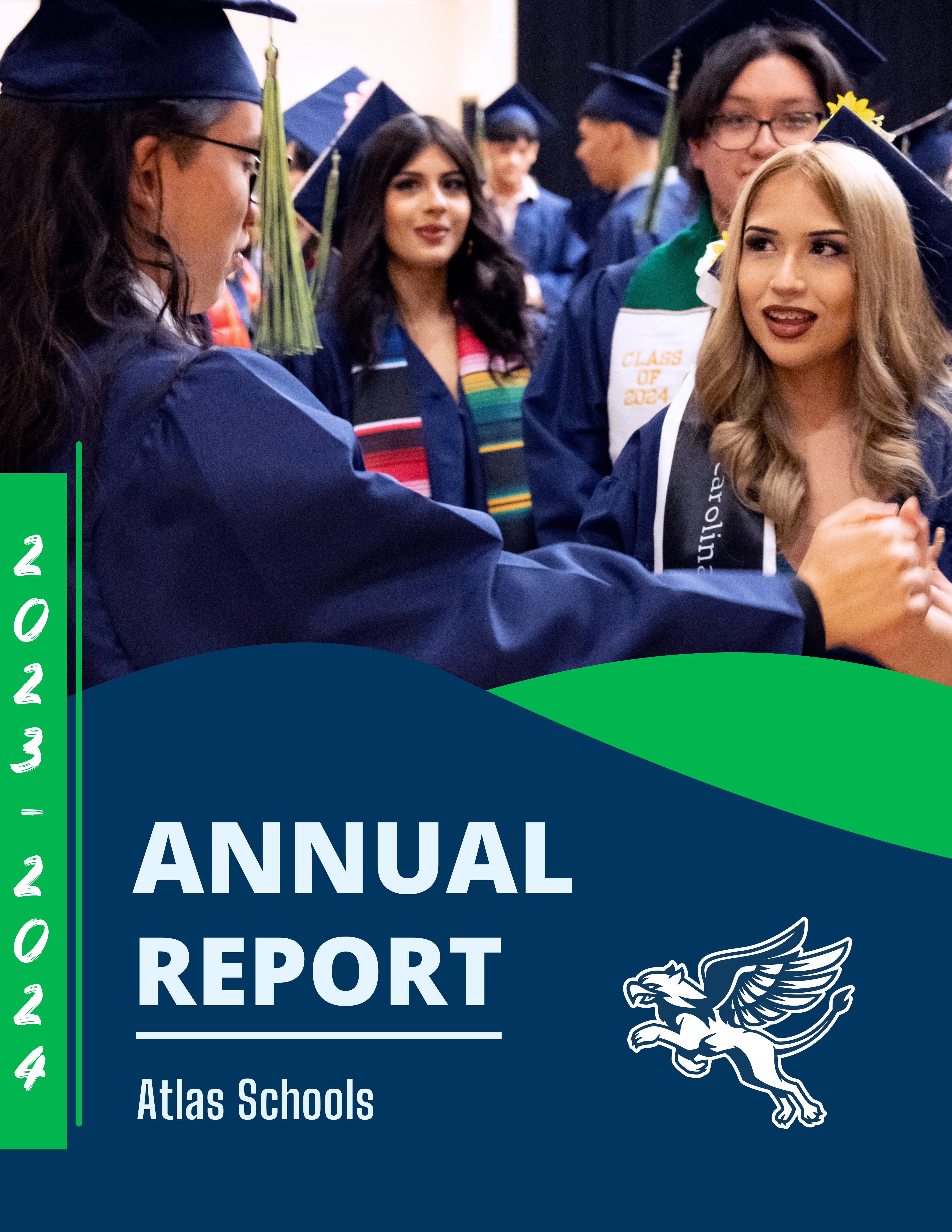 A group of graduates in caps and gowns are interacting during a graduation ceremony, with the title 'Annual Report 2023-2024' and the logo of Atlas Schools prominently displayed.