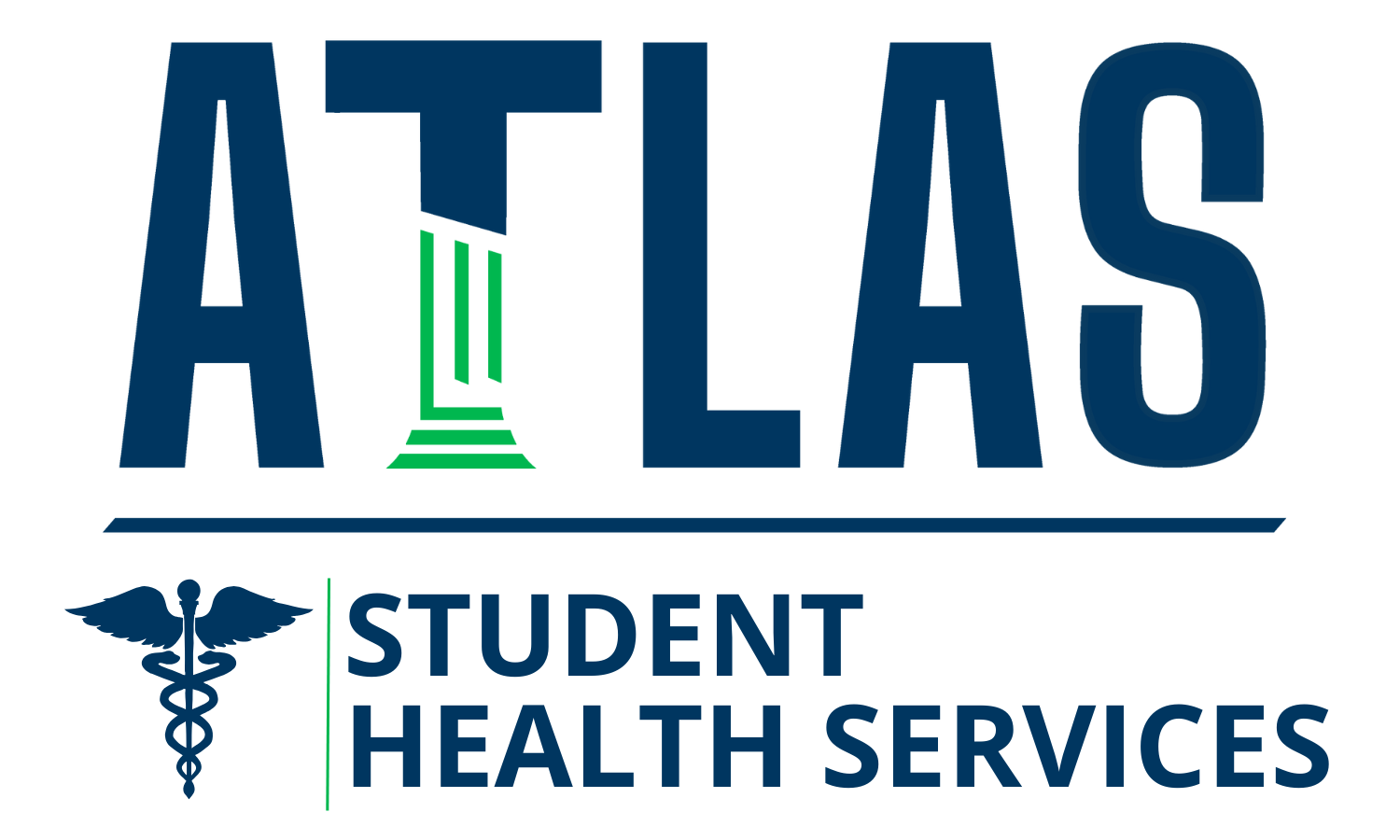 A logo featuring the word 'ATLAS' in bold blue letters, with a green column design integrated into the letter 'T', and the text 'STUDENT HEALTH SERVICES' in smaller blue letters below, accompanied by a caduceus symbol.