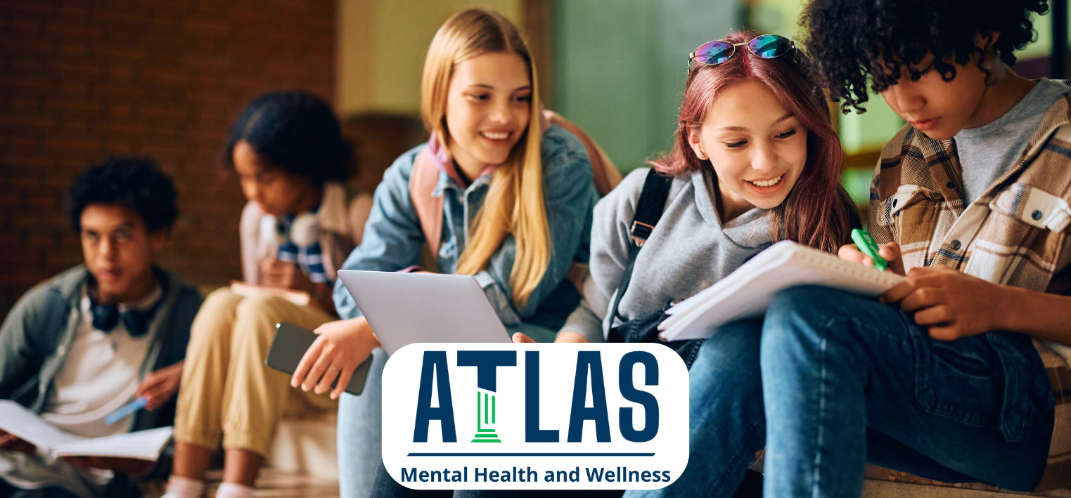 A group of diverse young people are sitting together, engaged in studying and writing, with a logo for 'ATLAS Mental Health and Wellness' prominently displayed at the bottom of the image.