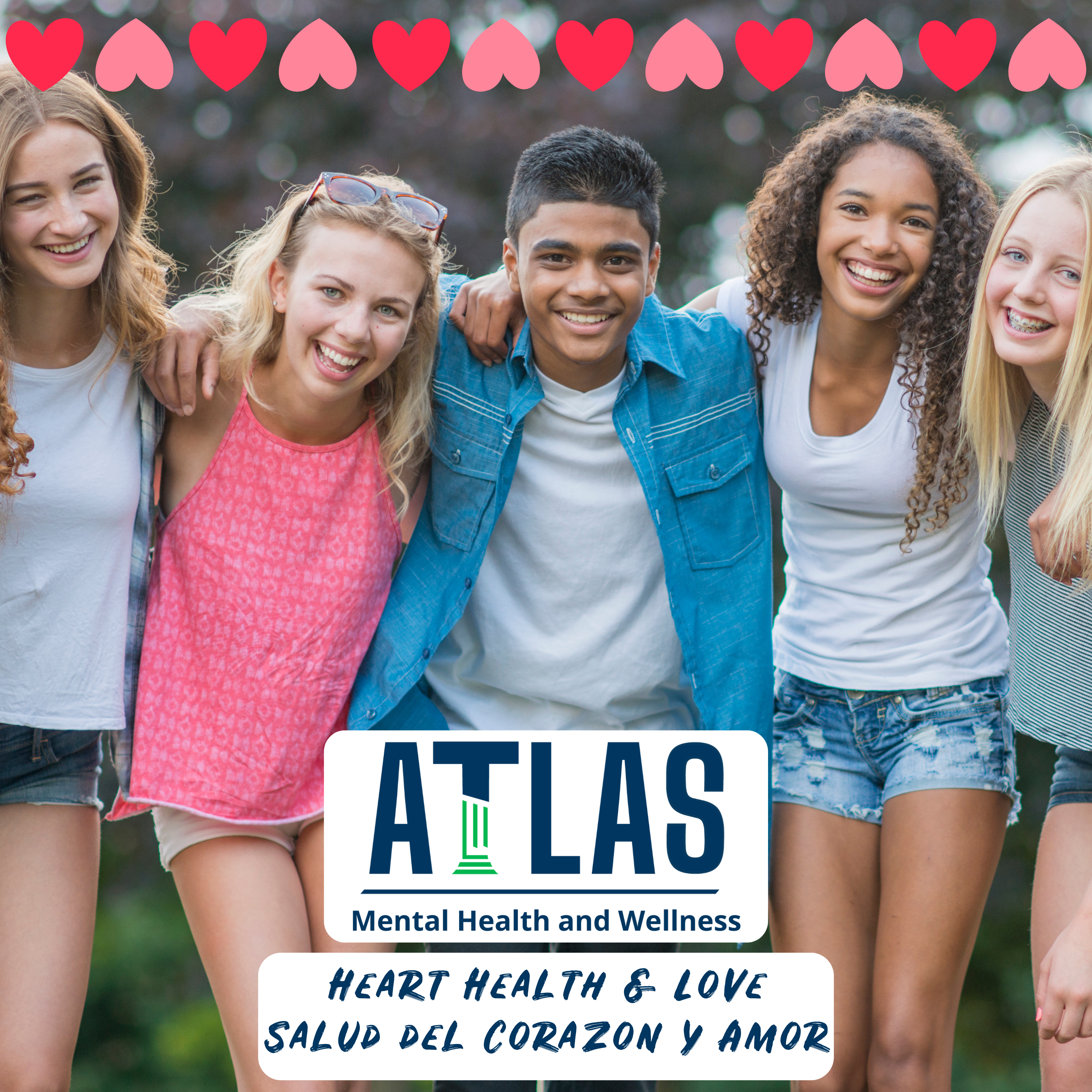 A group of five young people, smiling and standing together outdoors, with a backdrop of greenery and decorative hearts above them, promoting mental health and wellness.