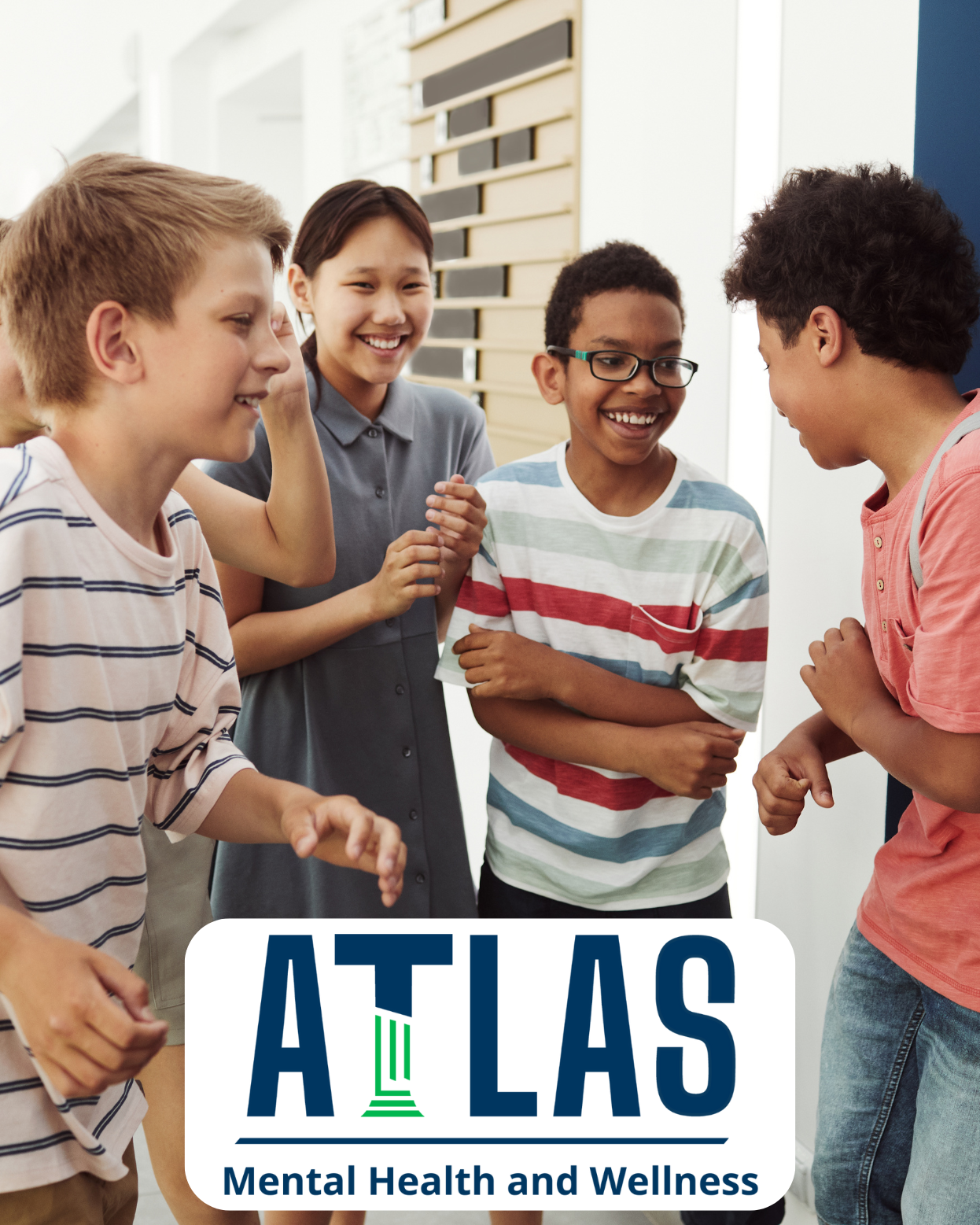 A group of four children, two boys and two girls, are laughing and interacting in a bright indoor setting, with a logo for 'ATLAS Mental Health and Wellness' at the bottom of the image.
