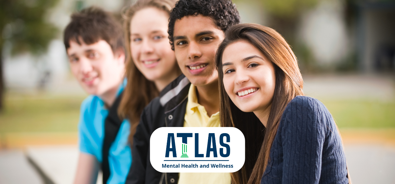 A group of four diverse teenagers smiling and sitting together outdoors, with the logo 'ATLAS Mental Health and Wellness' prominently displayed in the foreground.