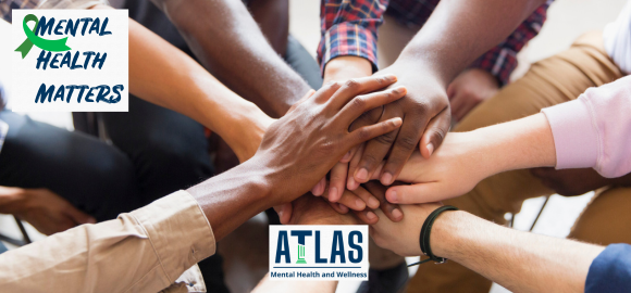 A diverse group of hands coming together in a supportive gesture, with the text 'Mental Health Matters' and the logo for 'ATLAS' displayed below.