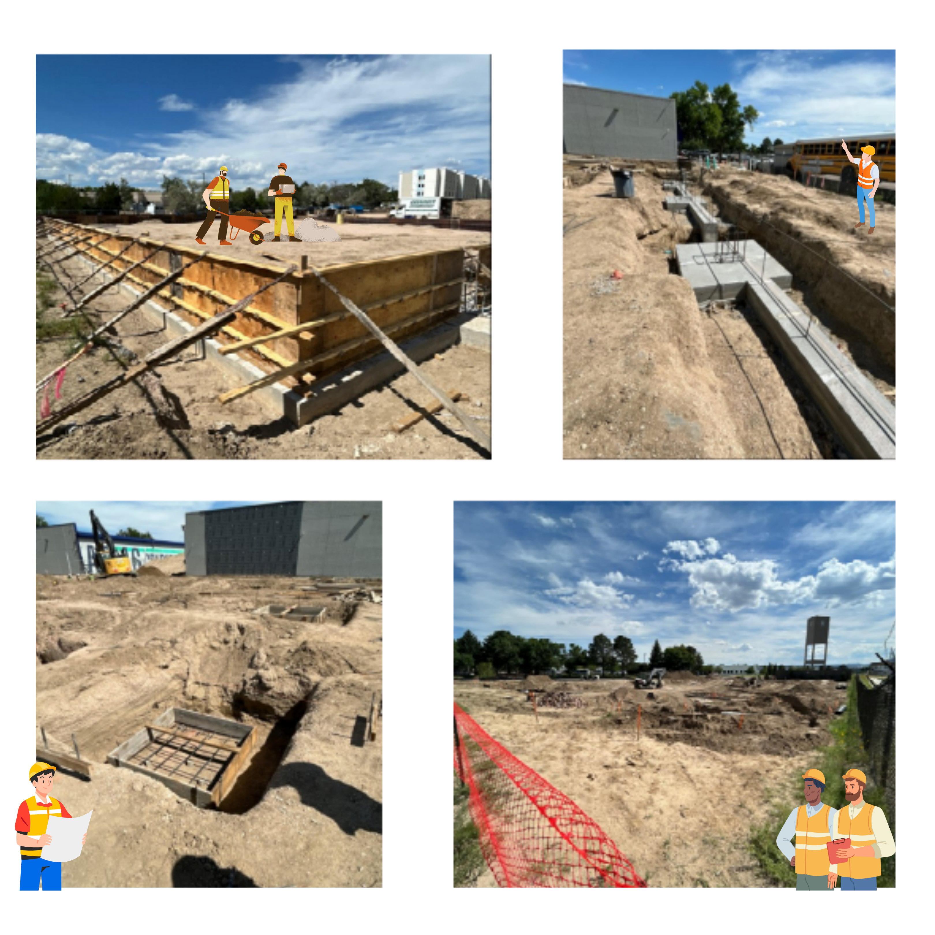 A collage of construction site images showing workers on a wooden structure, excavation areas, and construction materials in a sandy environment under a clear blue sky.