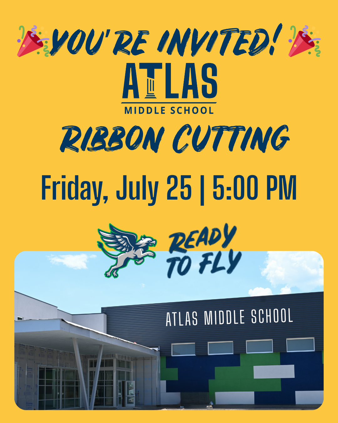 invitation with photo new school and ribbon cutting july 25 at 5pm