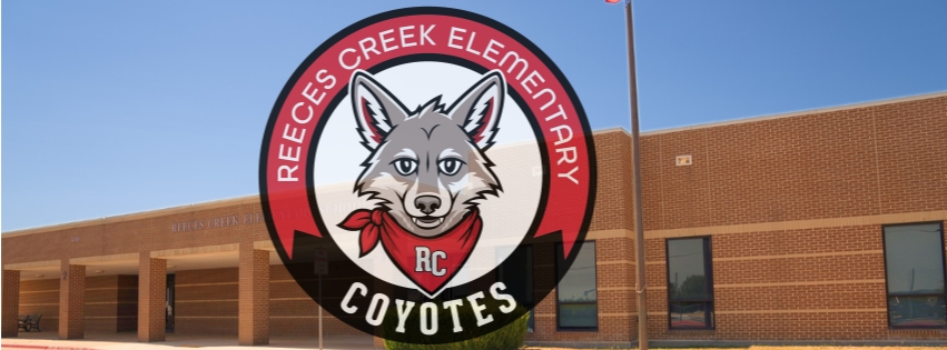A school logo featuring a coyote wearing a red bandana stands before a brick building. The words "Reeces Creek Elementary" and "Coyotes" are written in the logo.