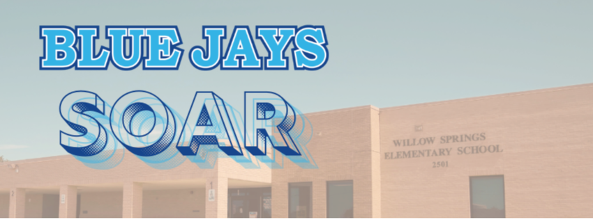 A school building with blue text reading "Blue Jays Soar" on a clear blue sky background.