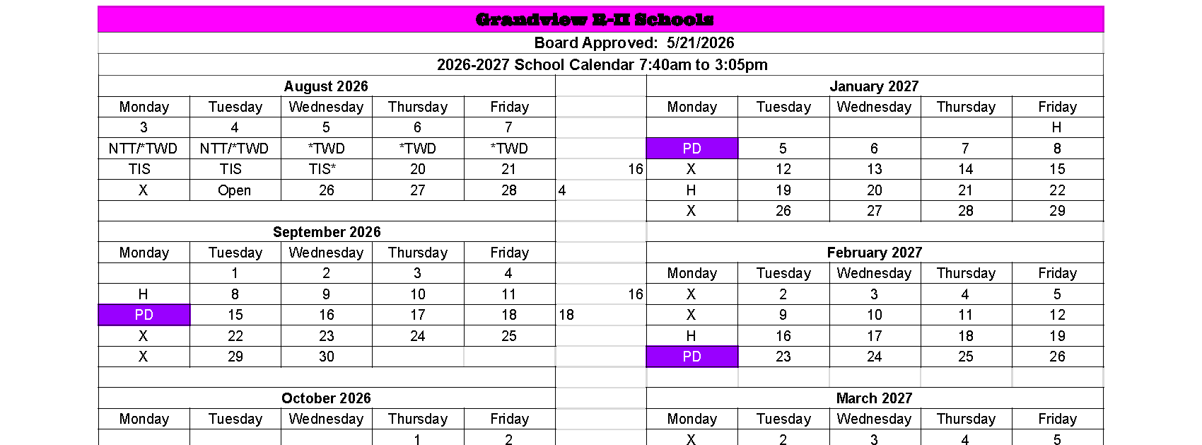 Calendar fir next school year