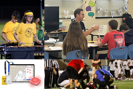 Collage of four images showing various school activities and safety tools. Top left: Two high school band students wearing yellow shirts perform on xylophones during a nighttime event. Top right: A teacher reads aloud to three middle school students in a classroom decorated with speech bubble cutouts and student work. Bottom left: A GPS student tracker device with a map, red alert button, and lanyard is displayed. Bottom right: Coaches and athletic trainers assist a student athlete on the ground during a football game under stadium lights.