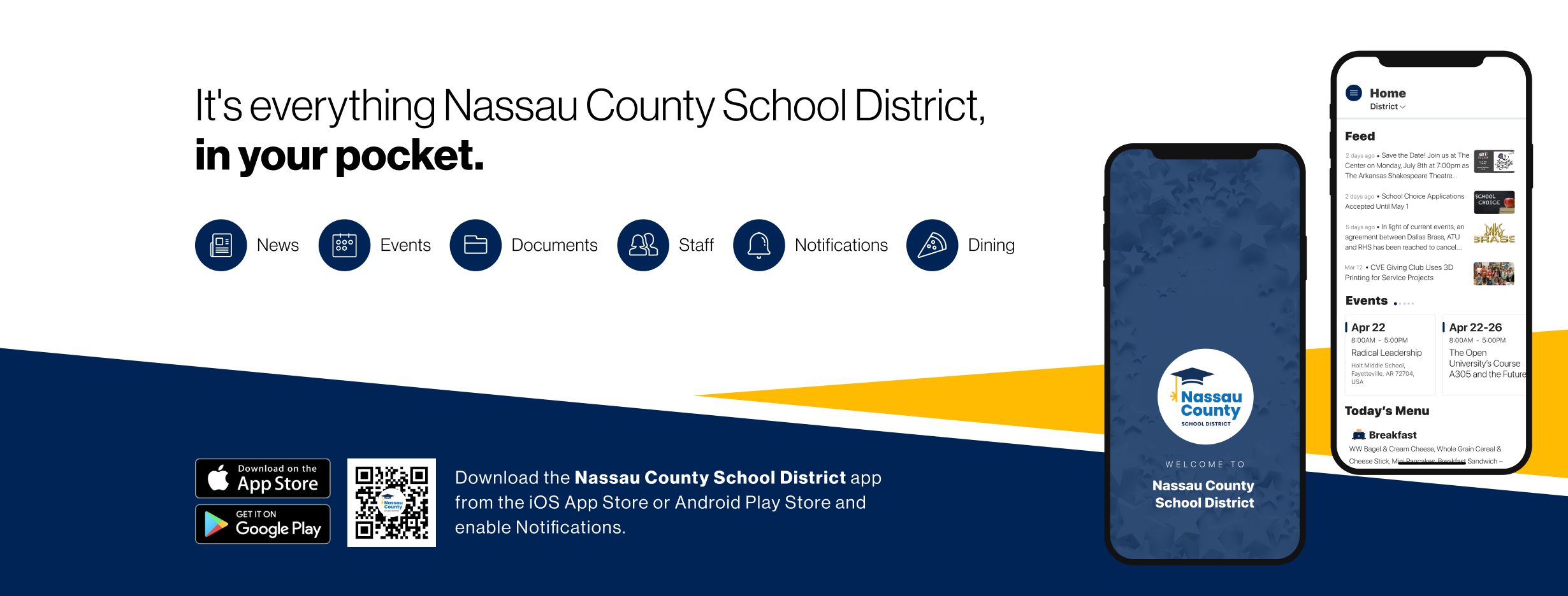 Graphic promoting the Nassau County School District app, highlighting features like News, Events, Documents, Staff, Notifications, and Dining. Includes mobile screenshots, app store download buttons, and message that families can follow their school(s) for updates.