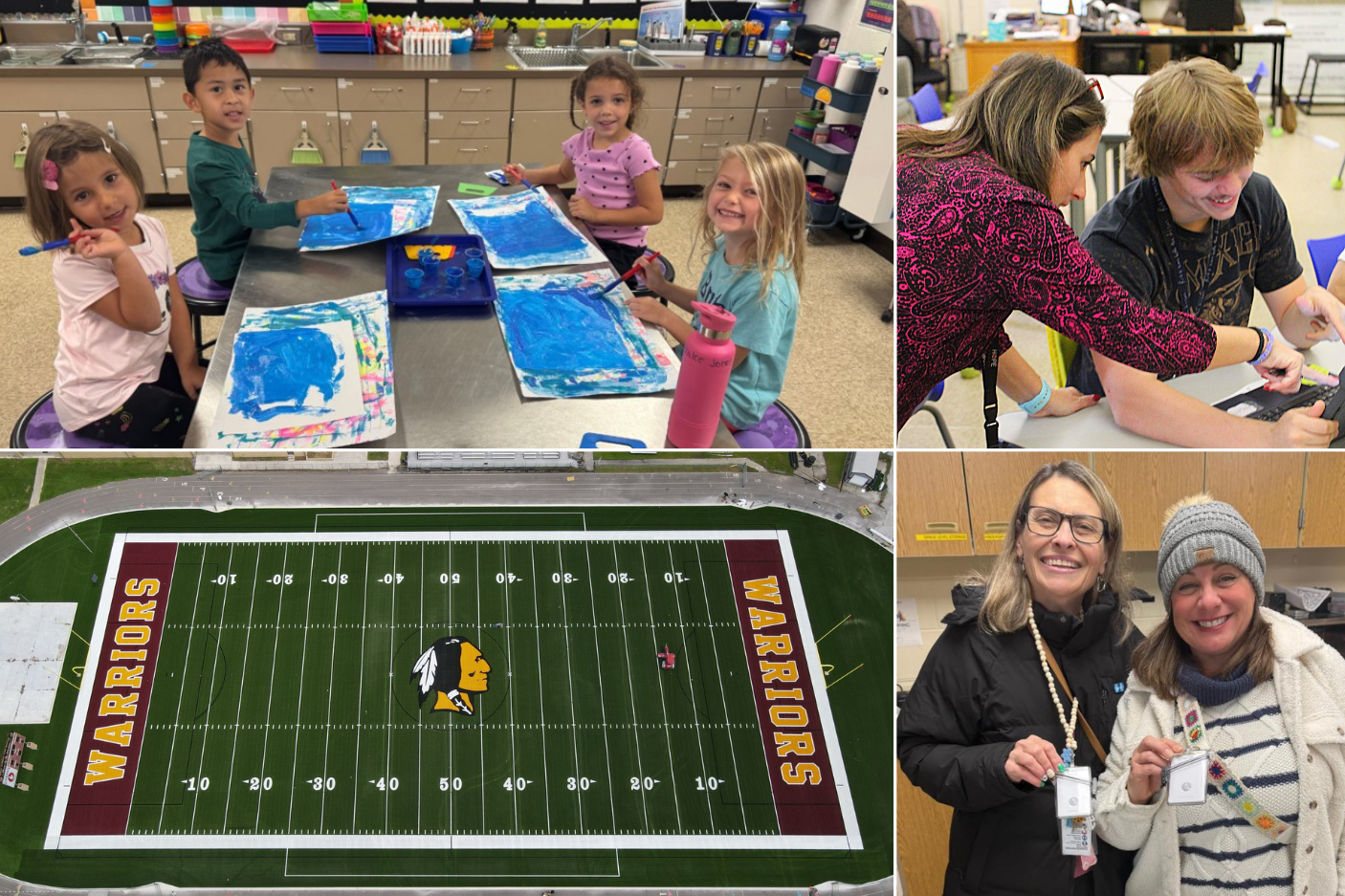 Collage of four photos highlighting Nassau County School District students, staff, and school programs. Top left: four elementary students sit around a classroom table painting blue artwork and smiling at the camera. Top right: a teacher assists a high school student during a classroom activity while both focus on a laptop. Bottom left: aerial view of a football field with “Warriors” painted in the end zones and a large warrior logo at midfield. Bottom right: two smiling women stand indoors holding school identification badges.