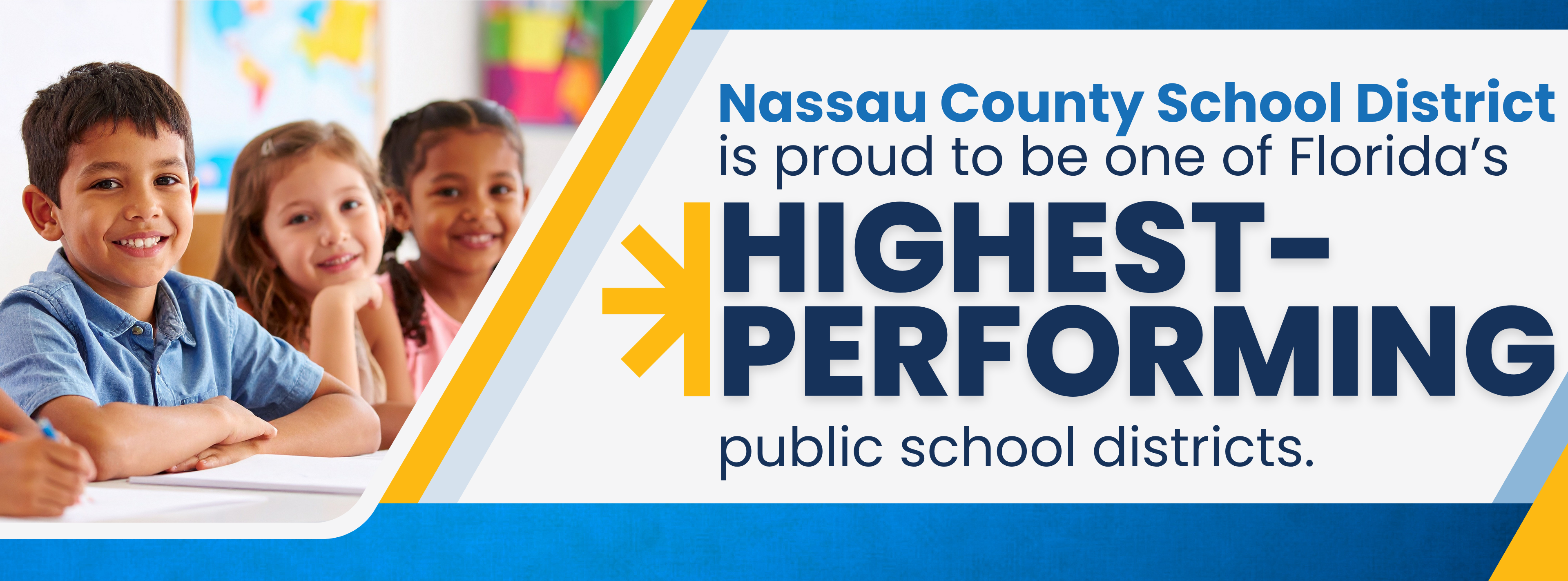 Smiling elementary students sit in a classroom beside a Nassau County School District enrollment graphic that says NCSD is one of Florida’s highest-performing public school districts. Enroll today at nassau.k12.fl.us/enroll.