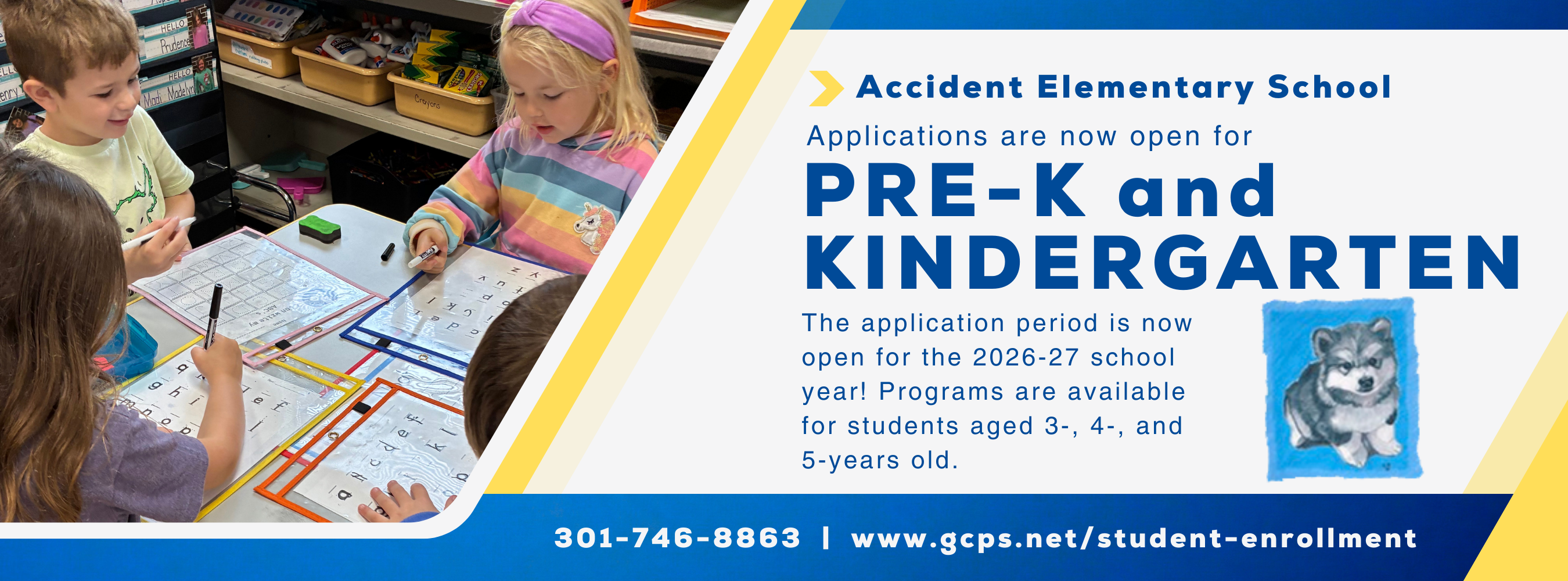 Graphic noting the opening of the pre-k and kindergarten application period, as detailed in the text.
