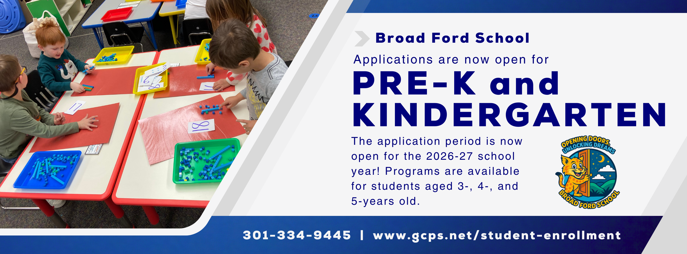 Graphic noting the opening of the pre-k and kindergarten application period, as detailed in the text.