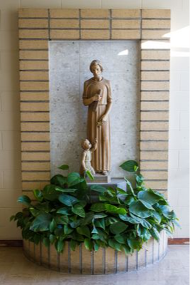 A statue of a standing figure holding a staff, accompanied by a small dog, set against a textured wall and surrounded by lush green plants.
