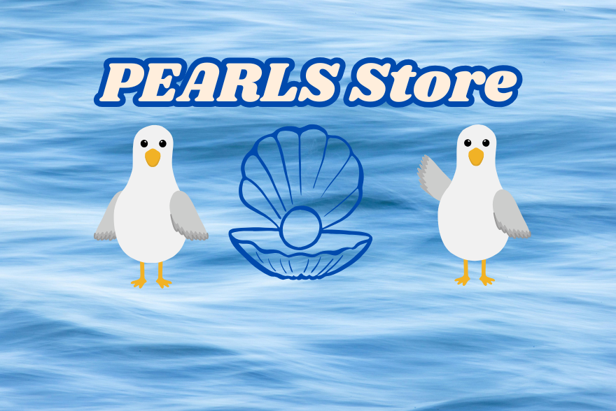 PEARLS Store, graphic of 2 seagulls and pearl in oyster