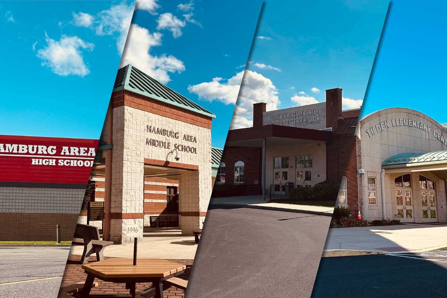 The four HASD building signs in 4 diagonally cut vertical spaces.