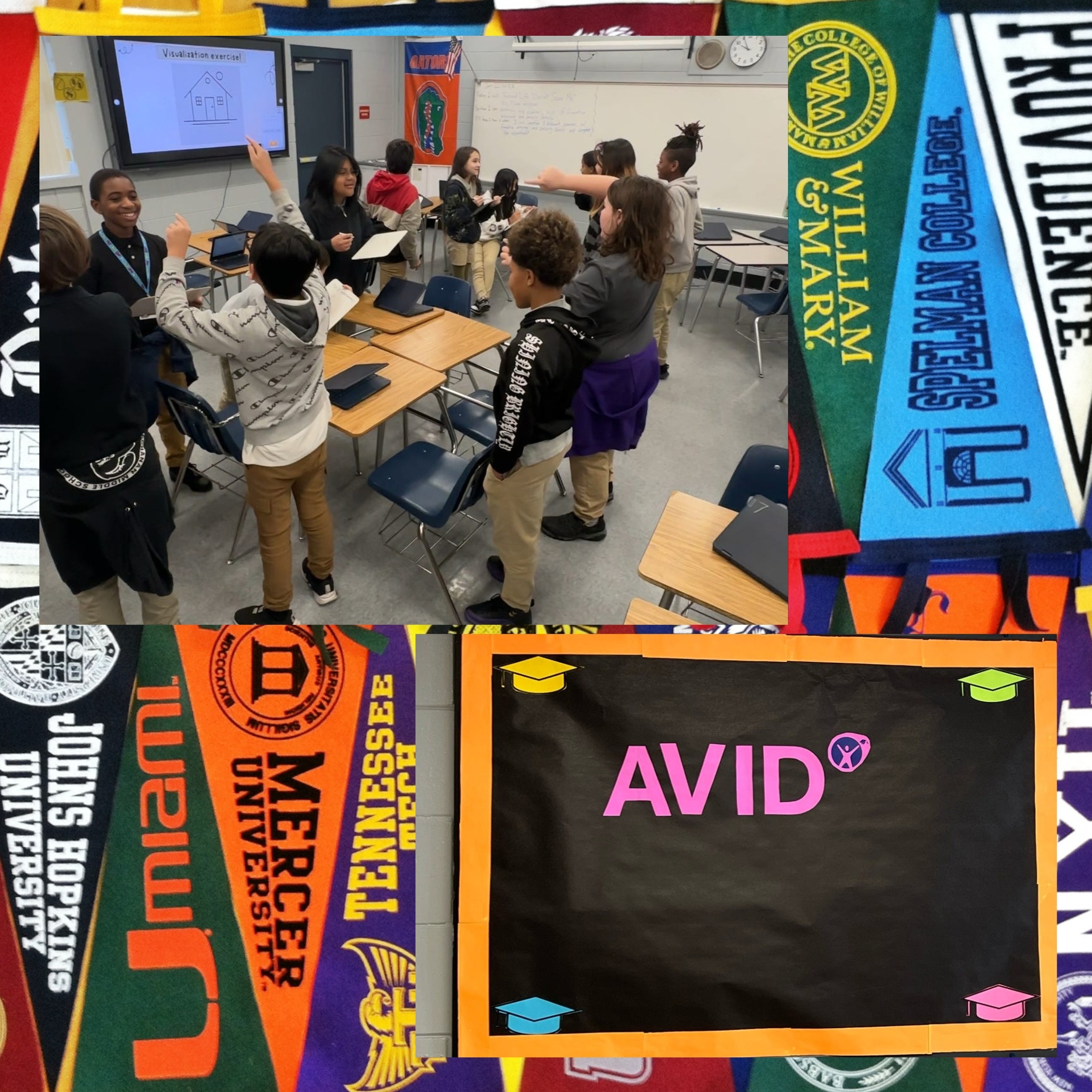 Students learning with college banners.