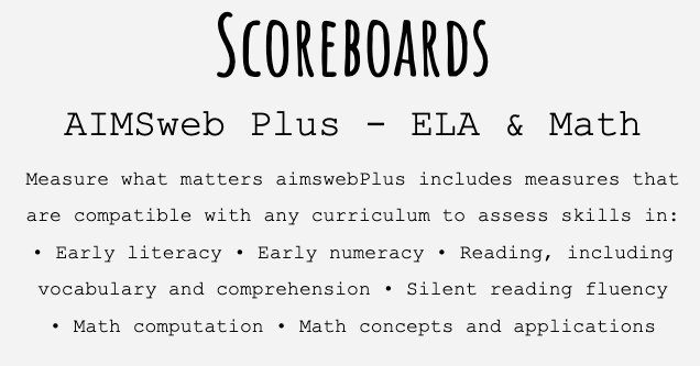 Scoreboards AIMSweb Plus - ELA & Math  Measure what matters aimswebPlus includes measures that are compatible with any curriculum to assess skills in: • Early literacy • Early numeracy • Reading, including vocabulary and comprehension • Silent reading fluency  • Math computation • Math concepts and applications